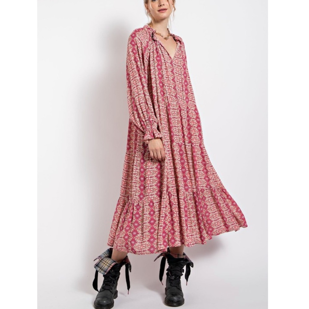 Paisley printed gauze midi dress in pink